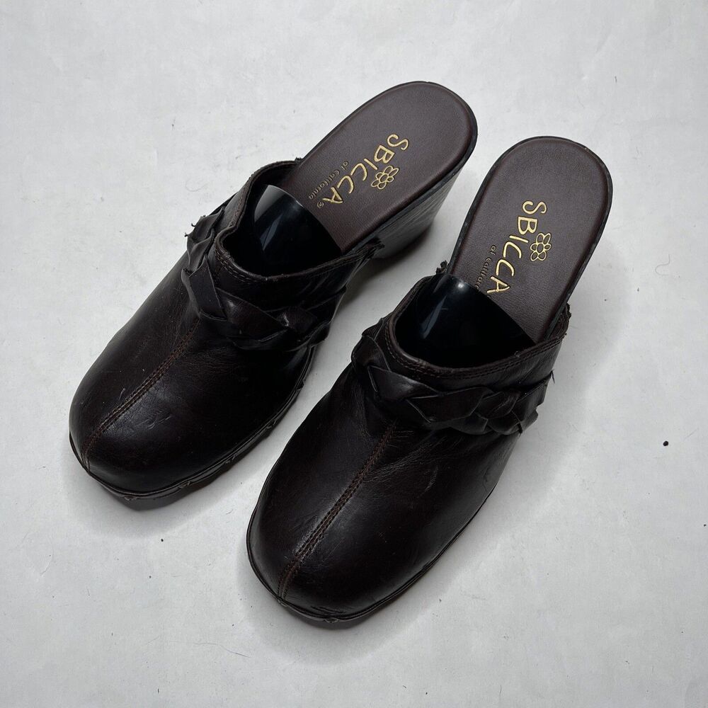 Sbicca Clogs Leather Slip On Platform Retro Size 9 BROWN